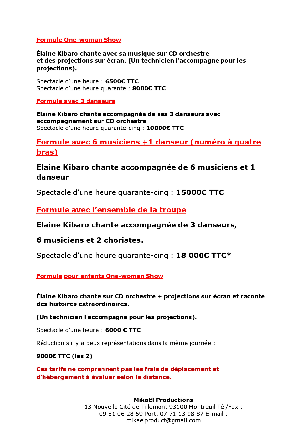 Tarifs prestations